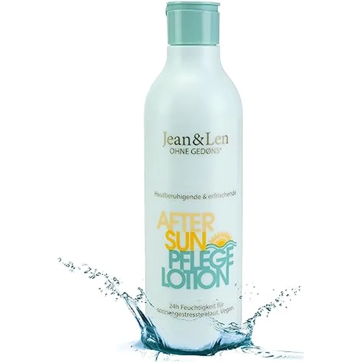 Jean & Len After Sun Pflege Lotion, wirkt hautberuhigend & erfrischend, mit Aloe Vera & Vitamin E, bis zu 24h Feuchtigkeit für sonnengestresste Haut, ohne Parabene & Silikone, Après Sun vegan, 250 ml