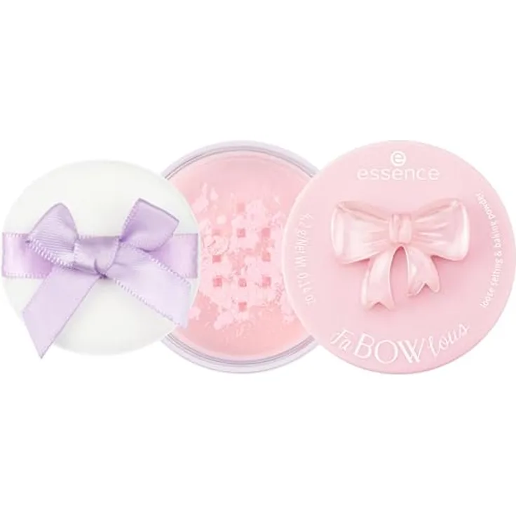 essence FaBOWlous mattierendes transparentes Puder, Farbton 01 Bow, Set, Go! 4.2 g - fixe das Make-up, kontrolliere ölige Haut und verleihe einen samtigen Effekt