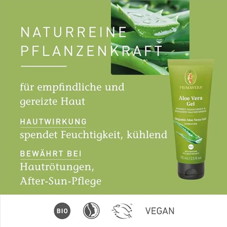 PRIMAVERA Aloe Vera Gel bio 75 ml – naturreine Pflanzenkraft – mit frischem Aleo Vera Saft - After-Sun-Pflege – duft- und farbneutral – feuchtigkeitsspendend – beruhigt, reduziert Hautrötungen – vegan – Bild 3