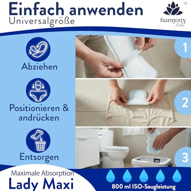 Harmony Care Lady Maxi Inkontinenz-Einlage – 800ml Saugleistung, 28 Stück, mit Auslaufschutz und Geruchskontrolle, diskret und komfortabel – Bild 6