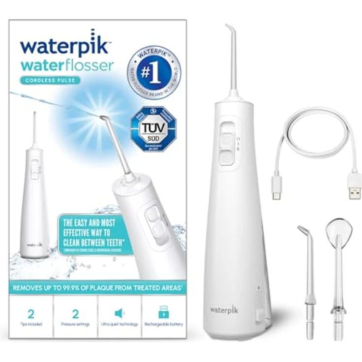 Waterpik Pulse, kabellose Munddusche mit 99,9% Plaque-Entfernung, 2 Intensitätsmodi, 45 Sekunden Wassertank, 2 Aufsätze, weiß – Bild 1