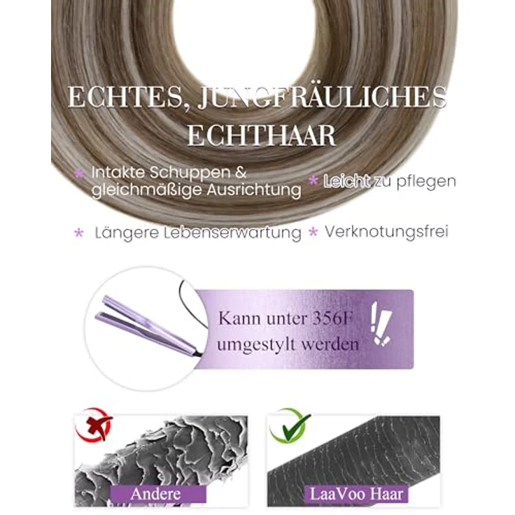 LaaVoo 55cm Microring Echthaar Extensions, 50g, Hellbraun Highlighted und Hellblond, 1g Invisible Micro Loop, #P8/24 – Bild 4