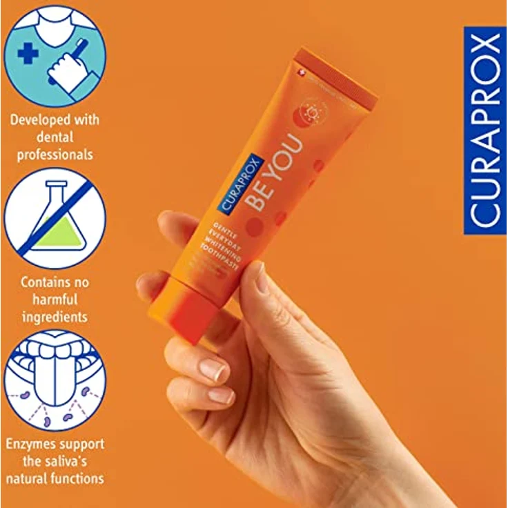 Curaprox Be You Pfirsich Whitening-Zahnpasta mit Geschmack von Pfirsich und Aprikose, mit Menthol, vegan, 950 ppm Fluorid, RDA 50, orange, 60 ml – Bild 6