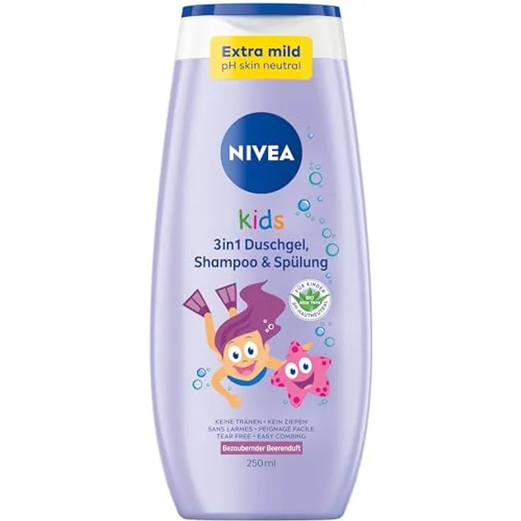 Nivea Kids 3in1 Duschgel, Shampoo & Spülung mit Beerenduft, extra milde Haar- und Hautpflege für Kinder (250 ml)