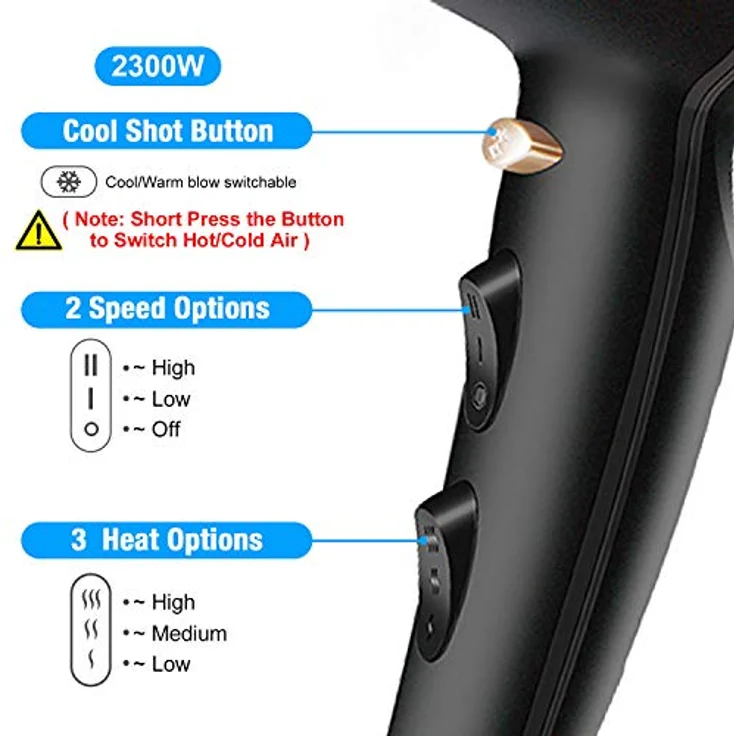 CONFU 2300W Profi Föhn, Haartrockner mit Ionen-Technologie, Diffusor und Stylingdüse, 2 Geschwindigkeiten, 3 Heizstufen, AC Motor, Kaltstufe, 220V – Bild 2
