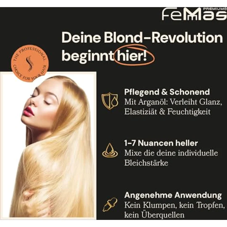 FemMas Blondierungspulver Set 500g & Entwickler 6% 1L, staubfrei, mit Arganöl, für gleichmäßige Blondierung bis zu 7 Tonstufen in Salonqualität – Bild 2