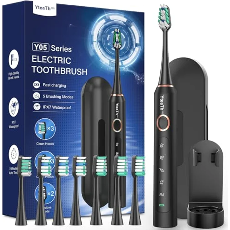 YTEATH PRO Elektrische Schallzahnbürste, 50.000 Vibrationen/min, 8 Köpfe, 5 Modi, IPX7 wasserdicht, Reiseetui, Tiefschwarz – Bild 1