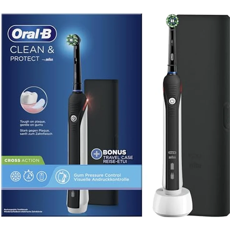 Braun Oral-B elektrische Zahnbürste Clean & Protect Cross Action Black Edition mit Reise-Etui, visuelle Andruckkontrolle und 2 Wochen Akkulaufzeit – Bild 4