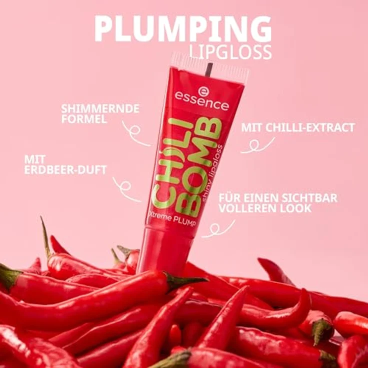 essence CHILI BOMB shiny lipgloss 01 Strawberry Salsa, Volumengebender Lipgloss mit nicht klebender Textur und Chili-Extrakt für aufpolsternden Effekt – Bild 5