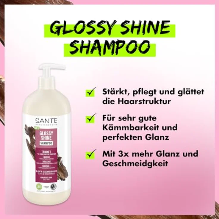 SANTE Naturkosmetik Glossy Shine Shampoo Bio-Birkenblattextrakt + 3-Fach Protein Komplex, vegane und feuchtigkeitsspendende Haarpflege mit zartem Kokosduft, 950 ml – Bild 3