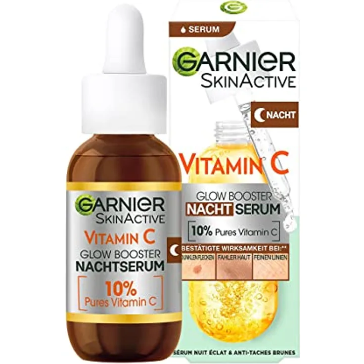 Garnier Glow Booster Nachtserum mit 10% purem Vitamin C & Hyaluronsäure, Brightening Night Serum, SkinActive, 30 ml