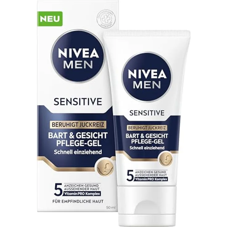 NIVEA MEN Sensitive Bart & Gesicht Pflegegel, alkoholfreies Pflege-Gel mit VitaminPRO Komplex, 50 ml