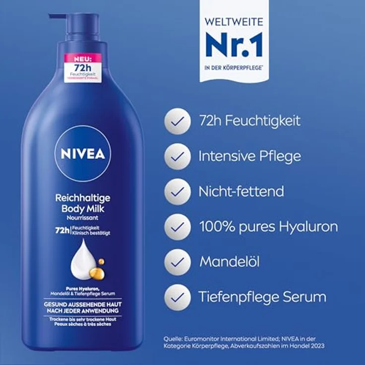 NIVEA Reichhaltige Body Milk, intensiv pflegende Körpercreme mit purem Hyaluron, Mandelöl und Tiefenpflege Serum für trockene Haut, 625 ml – Bild 2