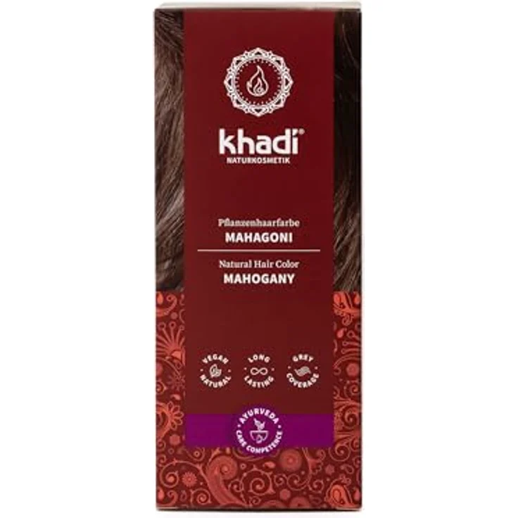 khadi MAHAGONI Pflanzenhaarfarbe, Haarfarbe für ein samtiges, erdiges Rot bis zu intensiv dunklem Rotbraun, 100% pflanzlich, vegan, 100g  – Bild 1