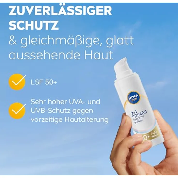 NIVEA SUN 2in1 Primer Daily UV Serum LSF 50+, parfümfreie Sonnencreme mit Hyaluron und Antioxidans, schnell einziehende Gesichtspflege, 30 ml – Bild 5