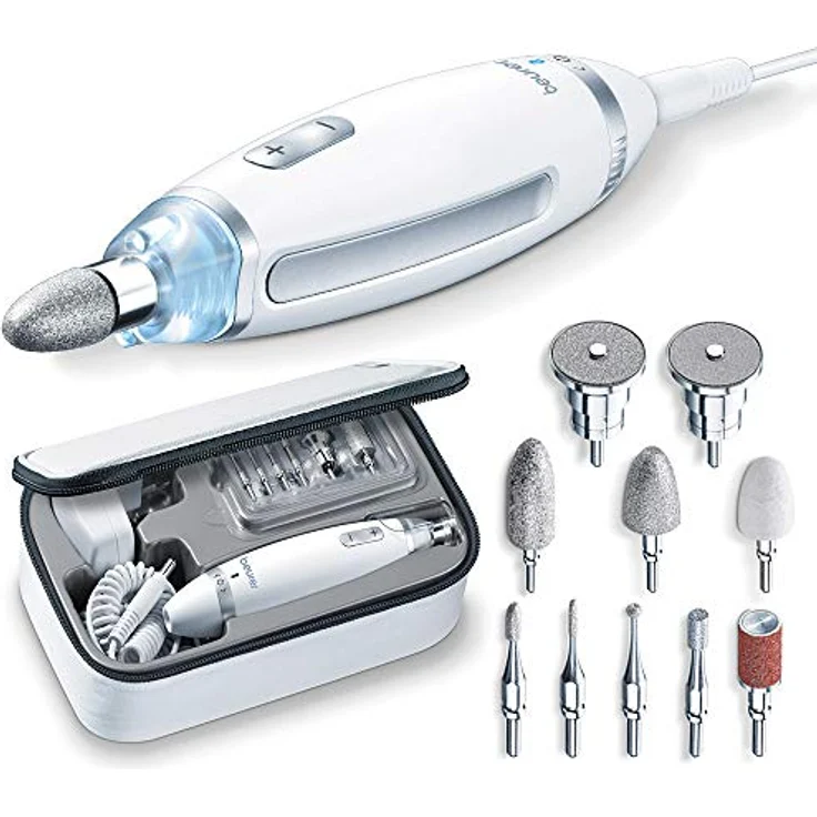 Beurer MP 62 Maniküre-/ Pediküre-Set, elektrische Nagelfeile mit 10 hochwertigen Nagelpflege-Aufsätzen, LED Licht, Nagelfräser mit stufenloser Geschwindigkeitsregelung, mit Aufbewahrungstasche, Weiß – Bild 1