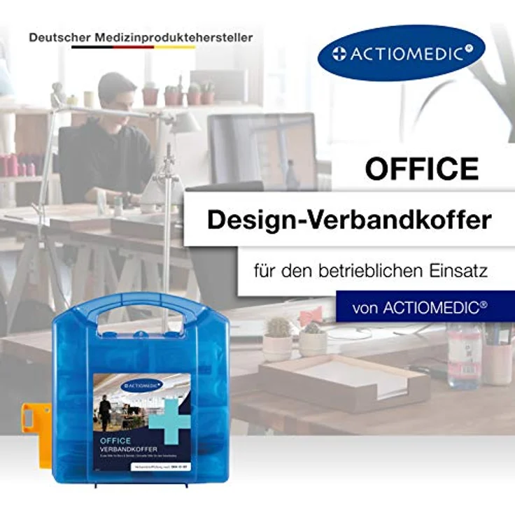ACTIOMEDIC Erste-Hilfe-Kasten DIN 13157:2021, mobiler & stationärer Verbandskasten mit Wandhalterung, mehrsprachige Beschriftung, visuelle Hilfsmittel, blau, 29x10x28 cm – Bild 2