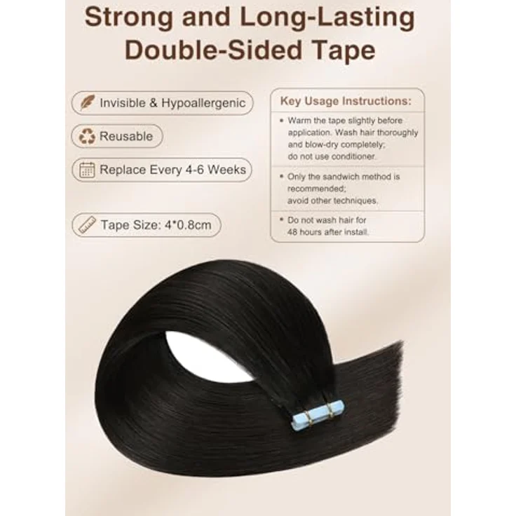 YILITE Tape in Extensions Echthaar 45cm #1B, seidig und gerade, 20 Stück, 50g, nahtloses Klebeband für Haarverlängerungen – Bild 4