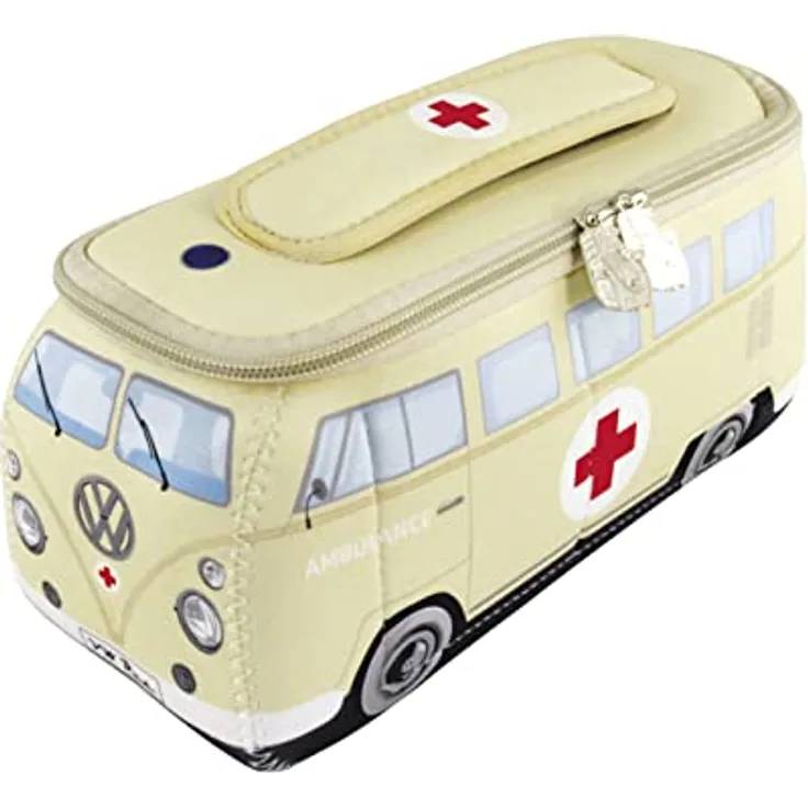 BRISA VW Collection - Volkswagen Neopren Universal-Schmink-Kosmetik-Kultur-Reise-Apotheke-Tasche-Beutel im T1 Bulli Bus Design (Ambulance/Beige/Groß)