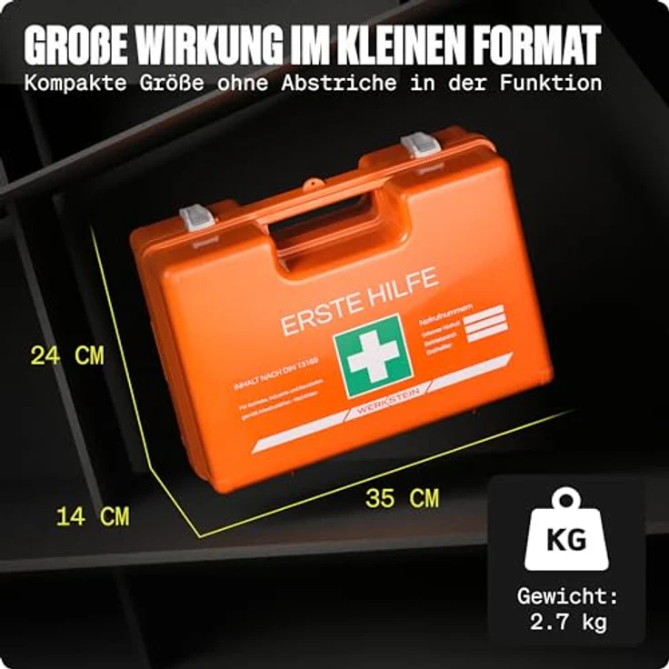 Werkstein Erste-Hilfe-Koffer DIN 13169:2021 - Verbandskasten mit Wandhalterung, 5x Aufkleber, Gesichtsmasken, Feuchttücher & Plombe, 1 St - Erste Hilfe Koffer für Betriebe, Einrichtungen & Zuhause – Bild 8
