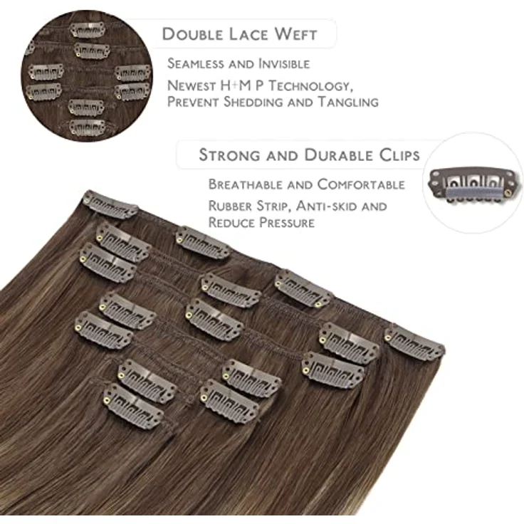 WENNALIFE Clip in Extensions Echthaar, 35cm 120g 7pcs Balayage Schokoladenbraun bis Honigblond, Remy Haarverlängerung – Bild 3