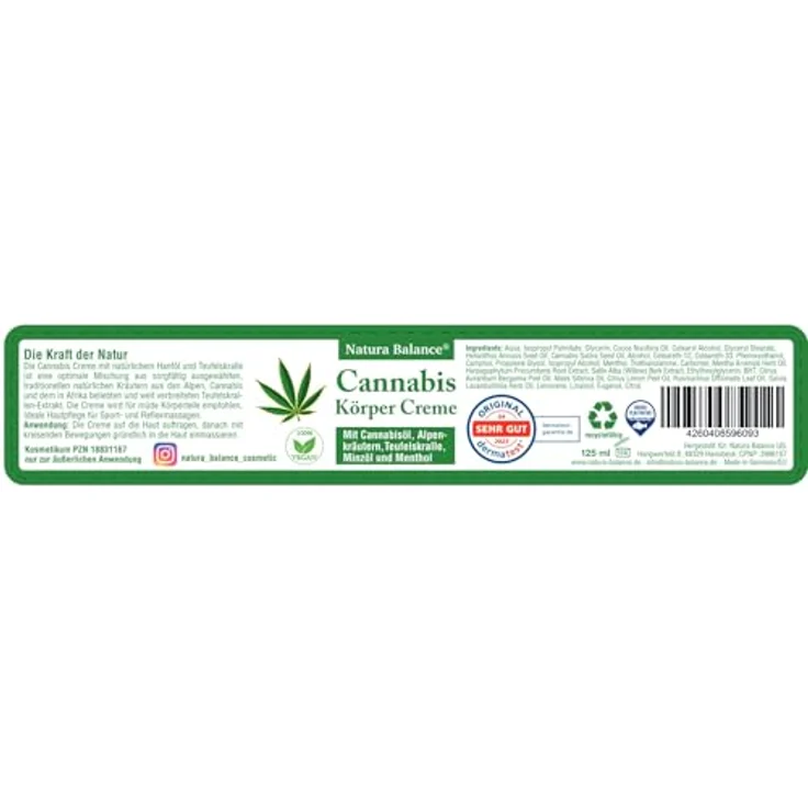 Natura Balance Körpercreme, Cannabis Körper Creme mit Alpenkräutern, 3 Dosen à 125ml, dermatologisch getestet, kühlend durch Menthol und Minzöl – Bild 2
