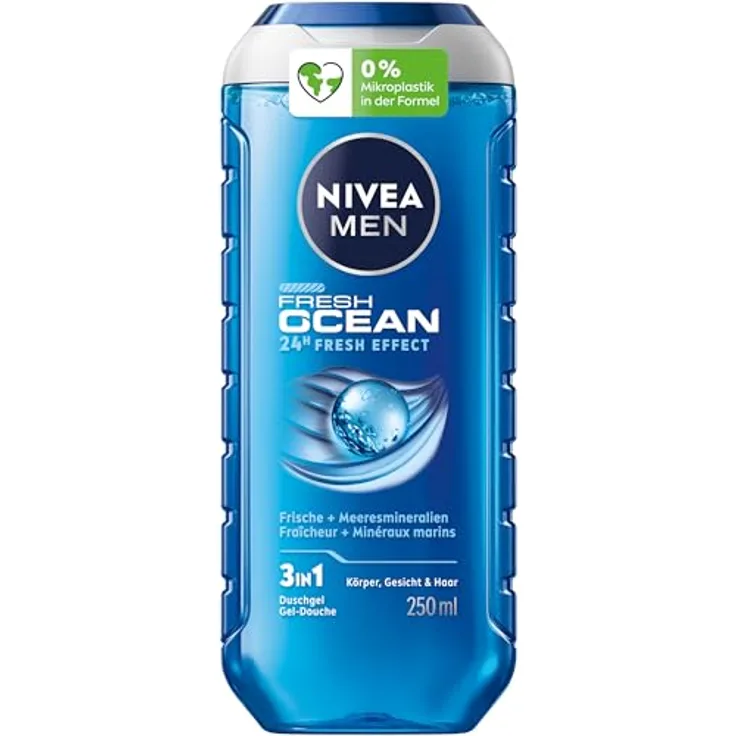 NIVEA MEN Fresh Ocean Duschgel, revitalisierende Pflegedusche mit maritimem Duft, 250 ml, mit Meeresmineralien für Körper, Gesicht und Haar