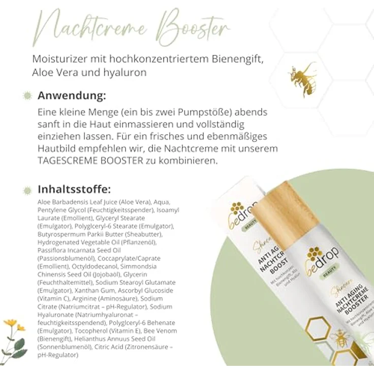 bedrop Anti-Aging Nachtcreme BOOSTER mit Bienengift, Aloe Vera, Hyaluron und Vitamin C, regenerierende Pflege zur Faltenminderung, 50ml – Bild 5
