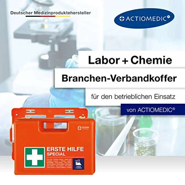 ACTIOMEDIC Erste-Hilfe-Kasten SPECIAL LABOR & CHEMIE, DIN 13157:2021, orange, Notfallkoffer mit Wandhalterung und mehrsprachiger Beschriftung, 42 x 33 x 15 cm – Bild 2