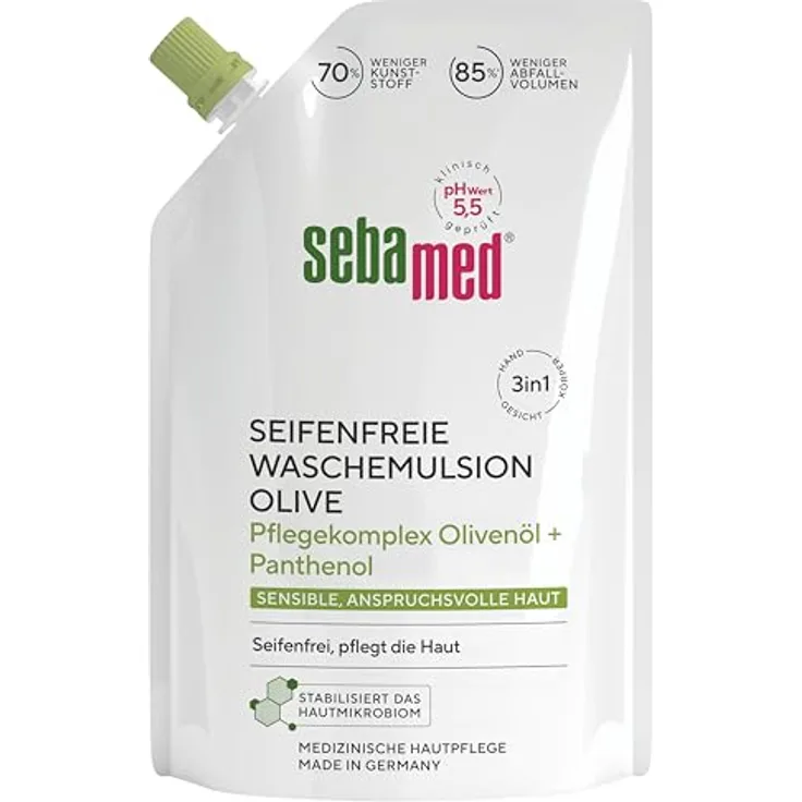 Sebamed seifenfreie Waschemulsion Olive Nachfüllbeutel 400 ml, Pflegekomplex mit Olivenöl und Panthenol, milde Reinigung für sensible Haut, dermatologisch getestet