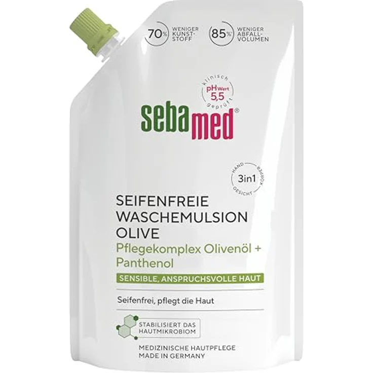 Sebamed seifenfreie Waschemulsion Olive Nachfüllbeutel 400 ml, Pflegekomplex mit Olivenöl und Panthenol, milde Reinigung für sensible Haut, dermatologisch getestet – Bild 1