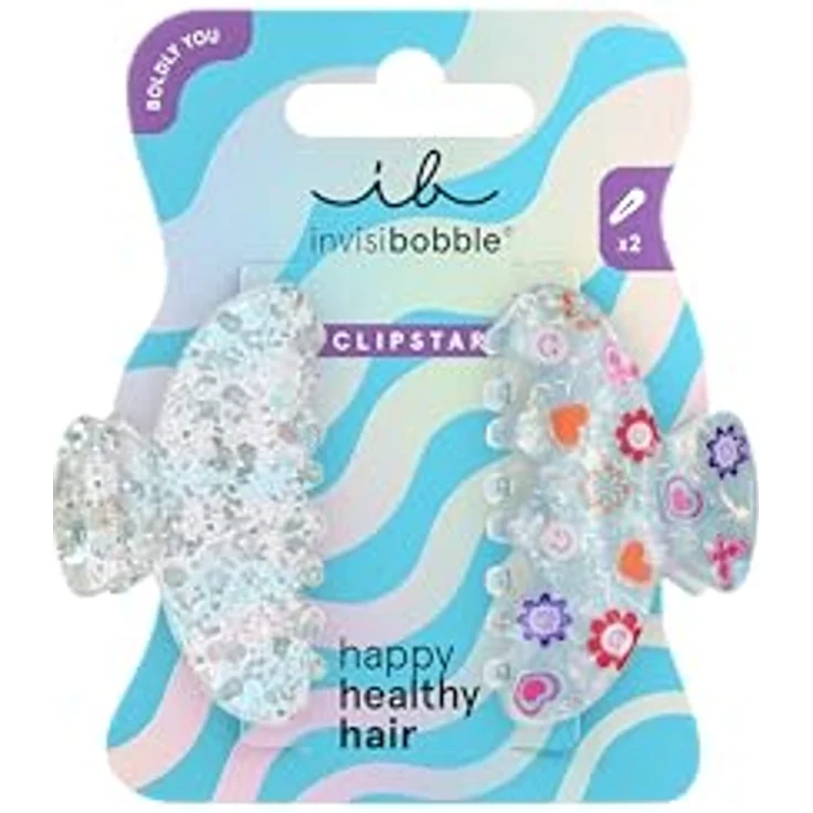 invisibobble CLIPSTAR Cosmic Glow, Haarclips 2er Set in Silber mit Glitzer, Smileys & Herzen, Größe M – Verspielter Haarschmuck für selbstbewusste Styles – Bild 1