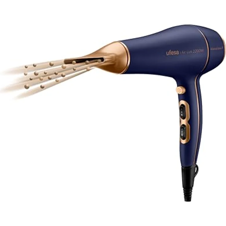 Ufesa Air Lux Professioneller Haartrockner, 2200 W AC-Motor, inkl. Diffusor und Konzentrator, 2 Geschwindigkeiten, 3 Temperaturen, Kaltluftstoß, Blau/Gold – Bild 5