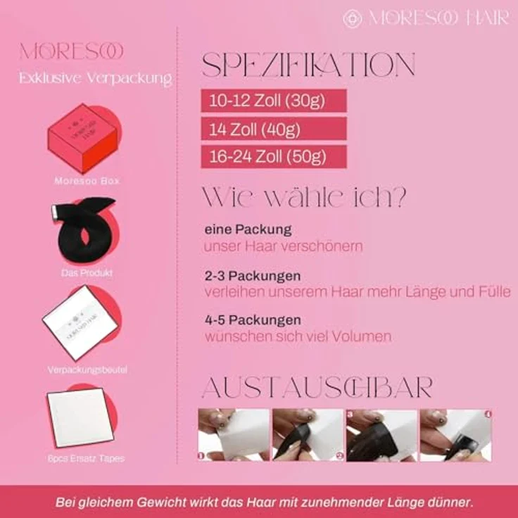 Moresoo Tape In Extensions Echthaar, Tiefschwarz, nahtlos, 35 cm, 20 Stück, 40 g, seidig glatt, Remy, voluminös für Hochzeit und Party – Bild 4
