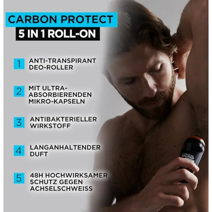 L'Oréal Men Expert Deo Roll-On Carbon Protect 6er Vorratspack 4in1 Schutz beim Sport gegen Schweiß Geruch Bakterien und weiße Rückstände 6 x 50 ml – Bild 2