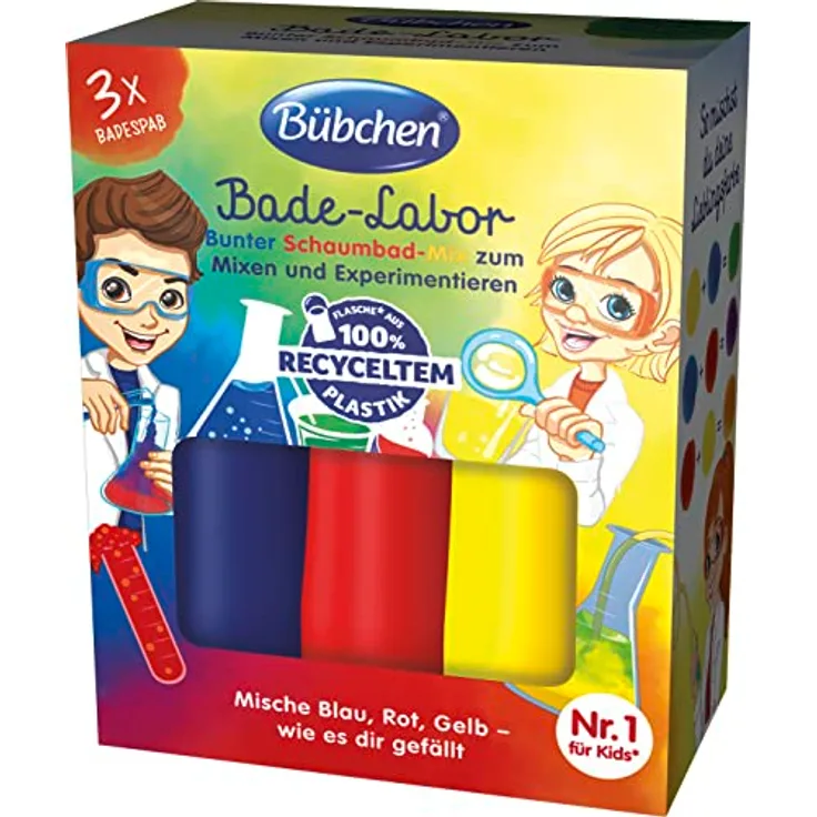 Bübchen Bade-Labor, 3 x 50 ml – bunter Schaumbad-Mix mit Wasserfarb-Effekt zum Mischen und Experimentieren, vegan, ohne Silikone und Mikroplastik