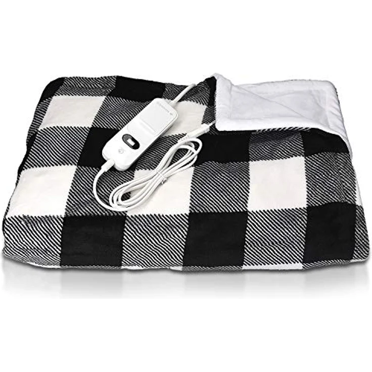 Navaris Heizdecke, XXL Elektrische Wärme Decke 180x130cm 3 Wärmestufen Abschaltautomatik waschmaschinengeeignet Kuschelige Bett Wärmedecke kariert schwarz, weiß – Bild 6