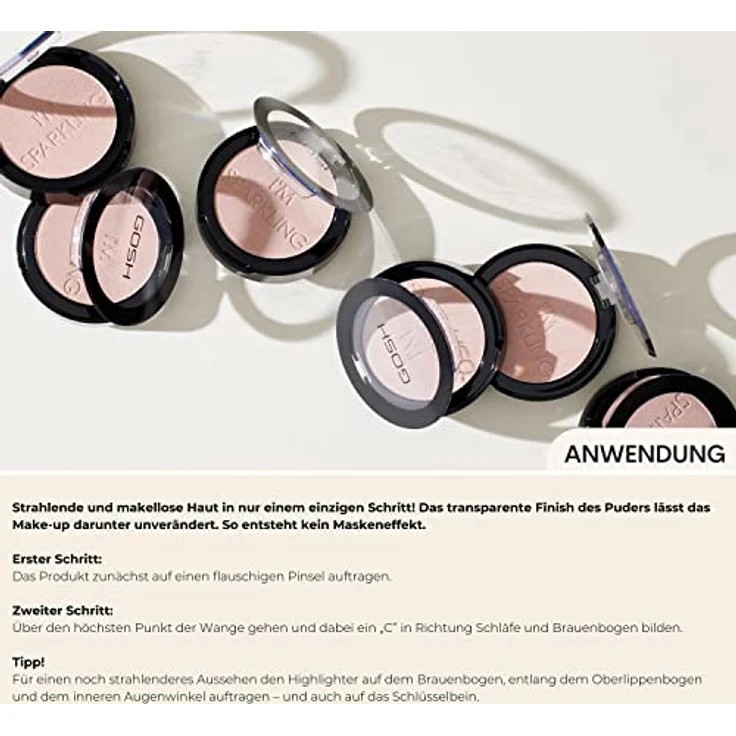 GOSH PUDER HIGHLIGHTER I'M SPARKLING, Langanhaltender Puder-Highlighter für Gesicht & Körper, Parfümfrei & Vegan, 003 Pearl Dust – Bild 4