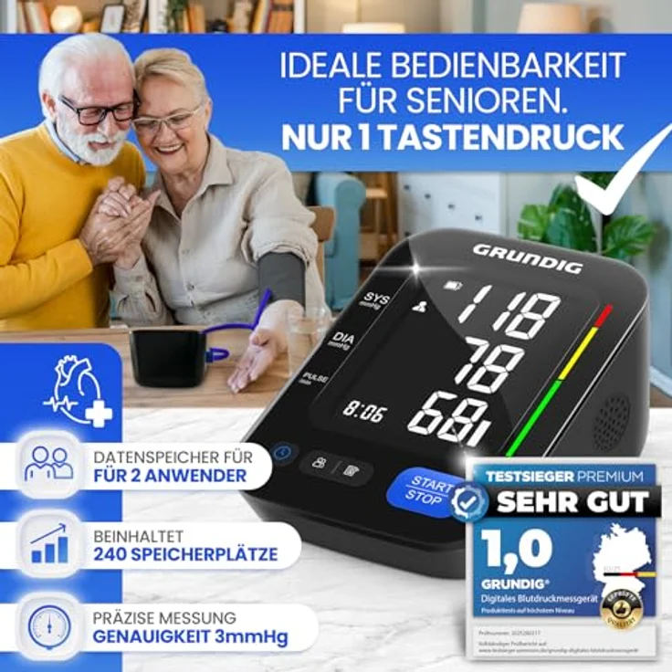 GRUNDIG Blutdruckmessgerät Oberarm, hochpräzise mit Herzrhythmusstörungen Erkennung, Risikobewertung und Manschettensitzkontrolle, schwarz – Bild 5