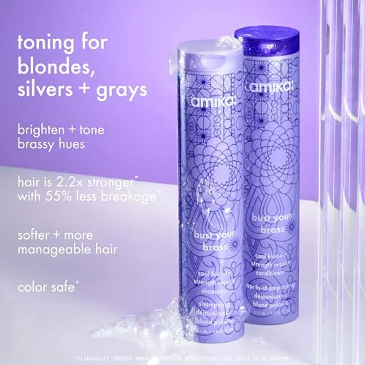 amika BUST YOUR BRASS reparierender Conditioner für blondes Haar, 275 ml, neutralisiert Gelbstiche und pflegt tiefenwirksam – Bild 2