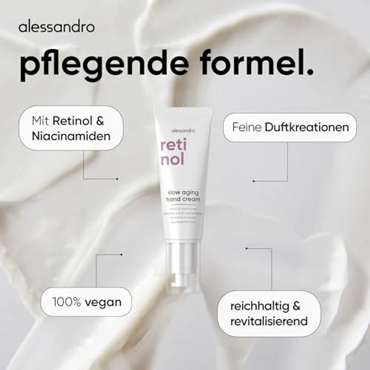 alessandro Retinol Slow Aging Hand Cream, Reichhaltige Handcreme mit Retinol & Niacinamide zur Revitalisierung reifer Haut, schnell einziehend, vegan, 50ml – Bild 4