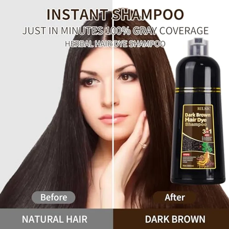 GFEUGS Haarfärbeshampoo Dunkelbraun, 500ML 3 in 1 gegen graue Haare, sofortige Tönung, pflanzliche Inhaltsstoffe, langanhaltend – Bild 3