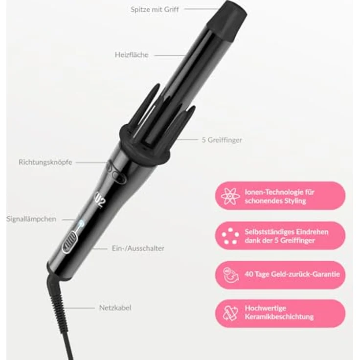 KU2 Cosmetics Lockenstab I 5 Greiffinger, selbstdrehend, Keramik-Ionen-Beschichtung, smarte Temperaturregelung (150–205 °C), 30 s Aufheizzeit, automatische Abschaltung – Bild 2