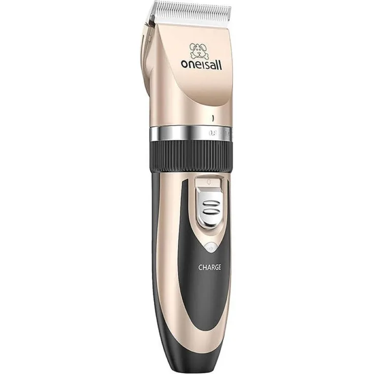 Oneisall P2 Haustier Trimmer, Schermaschine mit Präzisionsschere und Kamm Set, Gold, leiser Motor, kabellos mit 80 Minuten Akkulaufzeit