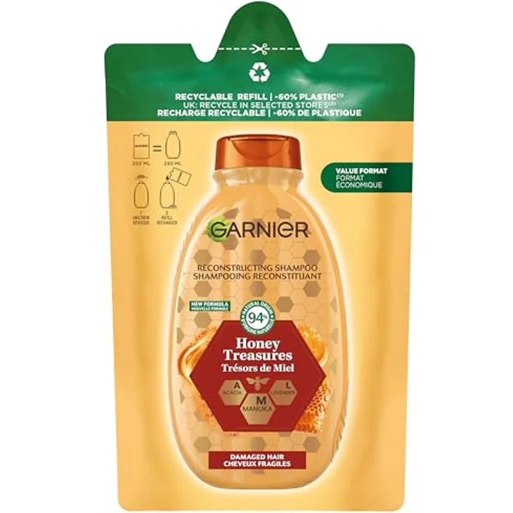 GARNIER Reparierendes Shampoo Honig Schätze, Nachfüllpack für geschädigtes Haar mit Akazienhonig und Bienenwachs, 400 ml – Bild 1