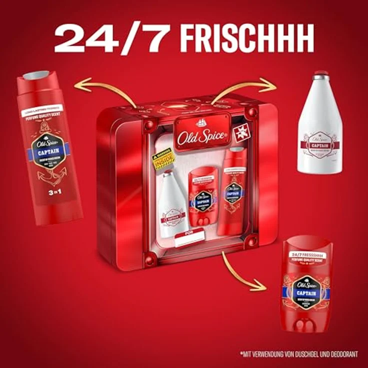 Old Spice Captain Tin Box Geschenkset, Deostick (50 ml), Duschgel (250 ml) und Aftershave-Lotion (100 ml), langanhaltender Duft in Parfumqualität, stylische Verpackung – Bild 3