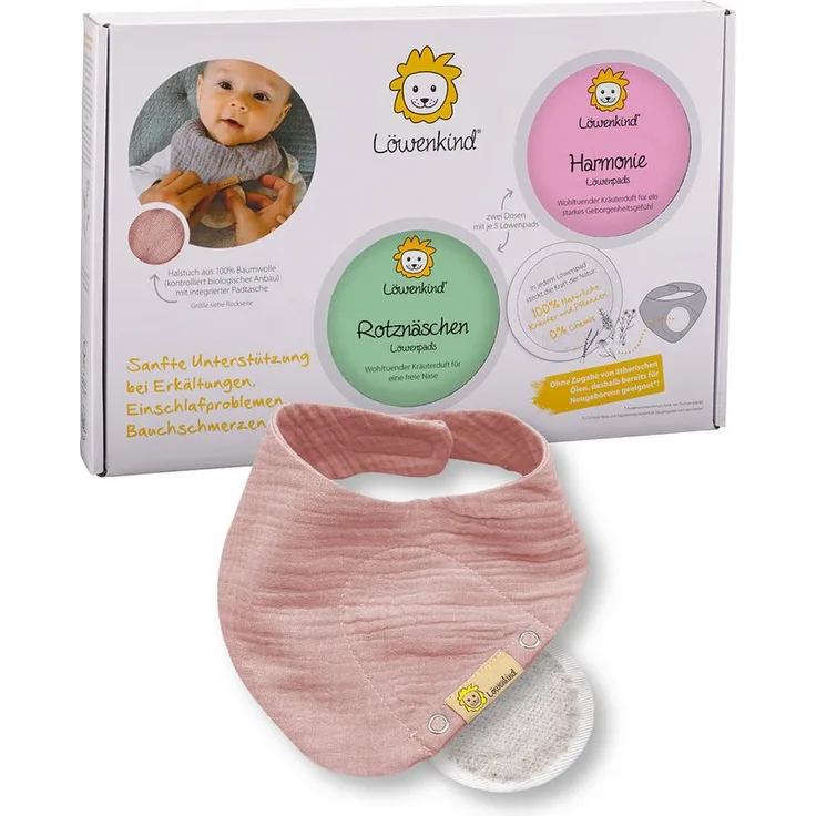 Löwenkind Babypflege-Set Einsteigerbox, 3 tlg. mit Halstuch, Rotznäschen- und Harmonie-Pads, sanfte Unterstützung aus der Natur