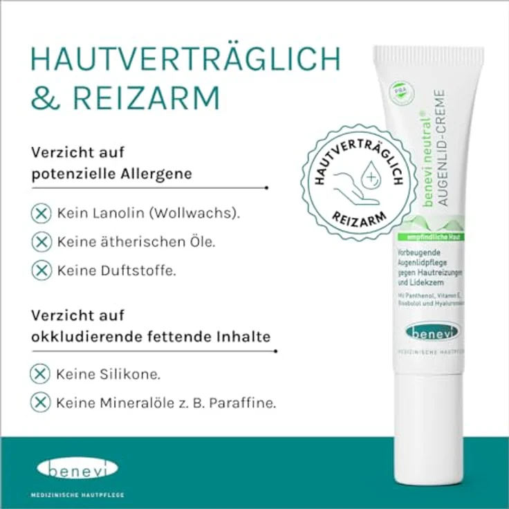 benevi Augenlid-Creme 15 ml für trockene, empfindliche Augenlider. Kein Fettfilm. Auch als tägliche Augenlidpflege bei zu Lidekzem oder Rosacea neigender Haut. – Bild 5