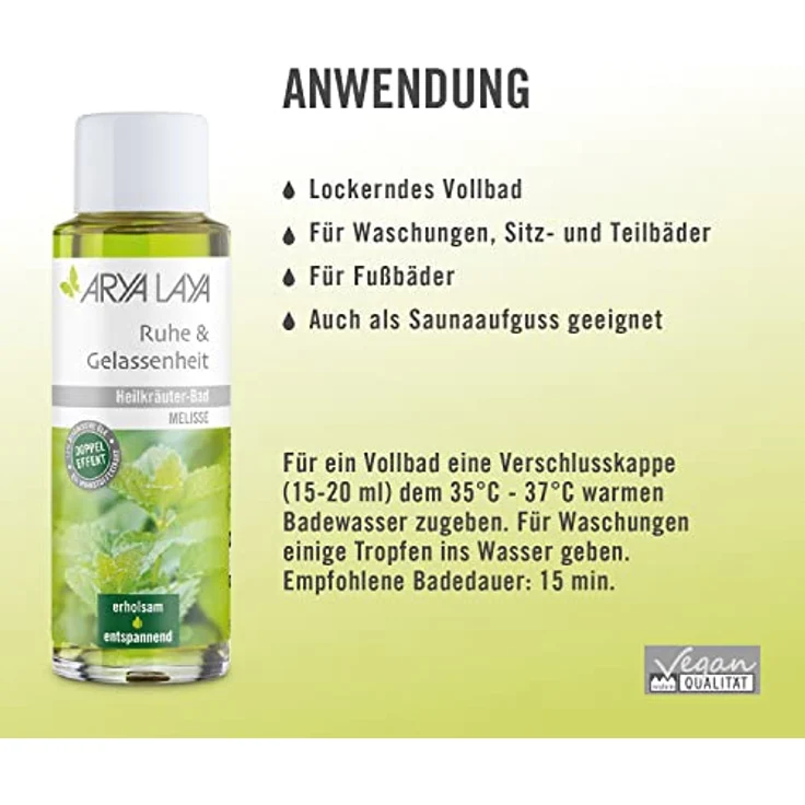 ARYA LAYA Heilkräuter-Bad Ruhe & Gelassenheit: Wellness & Pflege für zu Hause mit Melissen-Extrakt, wirkt beruhigend auch bei Schlafstörungen, Abgespanntheit und innerer Unruhe, vegan, 200 ml – Bild 3