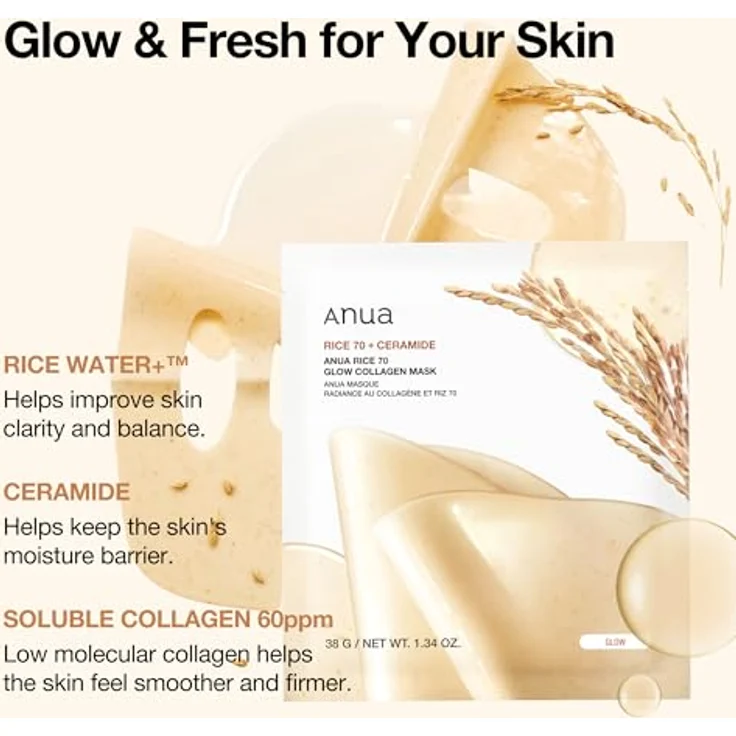 ANUA Rice 70 Glow Kollagenmaske, Übernachtungs-Gesichtsmaske mit niedermolekularem Kollagen, Ceramid, Hydrogel und straffender Pflege, 38 g – Bild 3